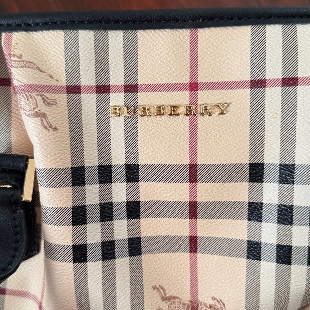 Burberry Beige Plaid Tote with Black Trim and Gold Logo - Picture 8 of 9